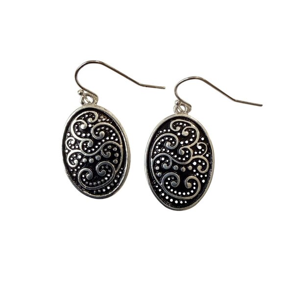 Y2K Silver Black Textured Filigree Dangle Earrings Hypoallergenic Nickel Free - Picture 5 of 8